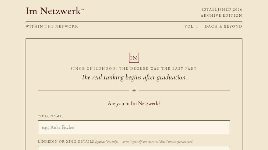 Im Netzwerk landing page: 'The real ranking begins after graduation', name and profile fields and a Scan mich €2 button