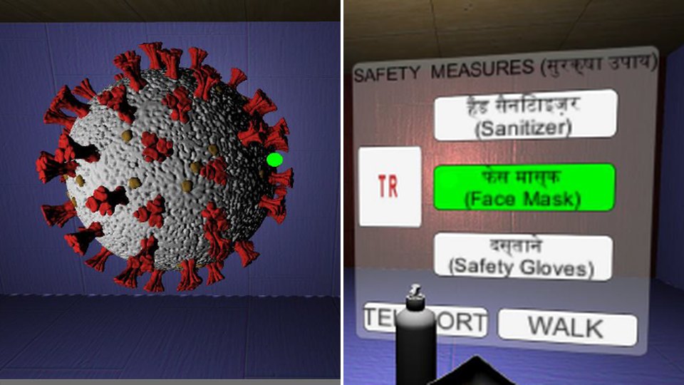 Project Vir in VR: a 3D COVID-19 virus up close, and a bilingual Hindi and English safety-measures menu with sanitizer, face mask and safety gloves